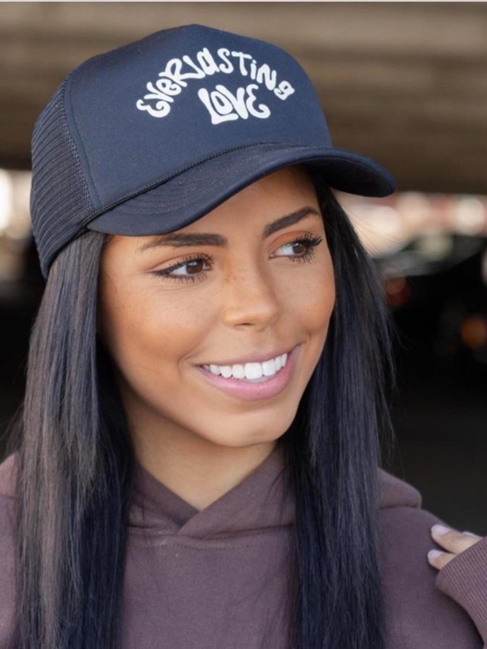 Black Trucker Hat with White 'Everlasting Love' Script